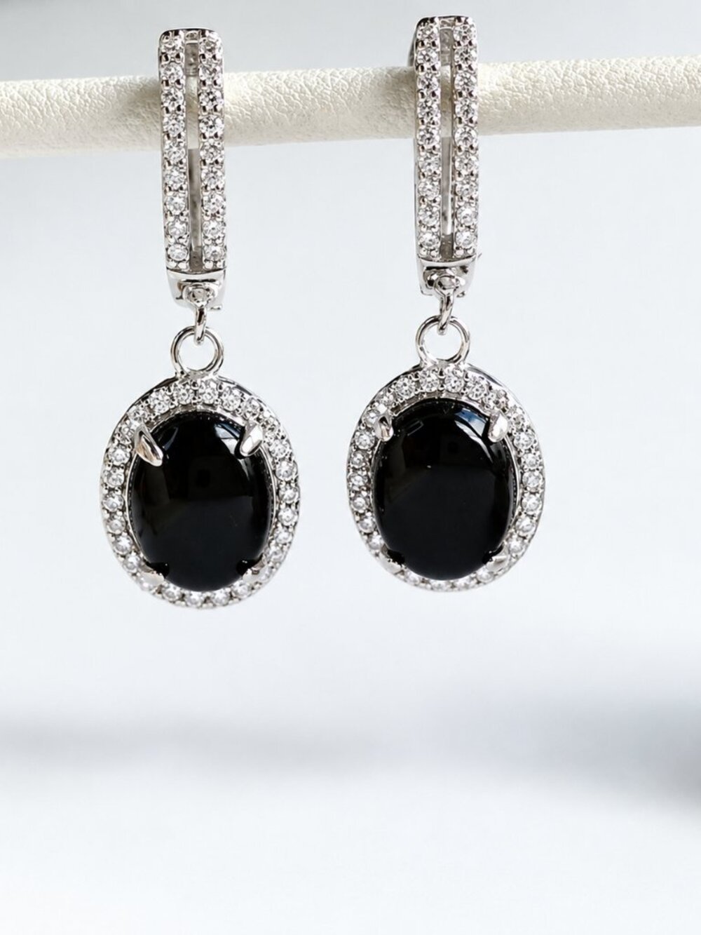 Black Onyx CZ Halo Earrings sterling silver lever back